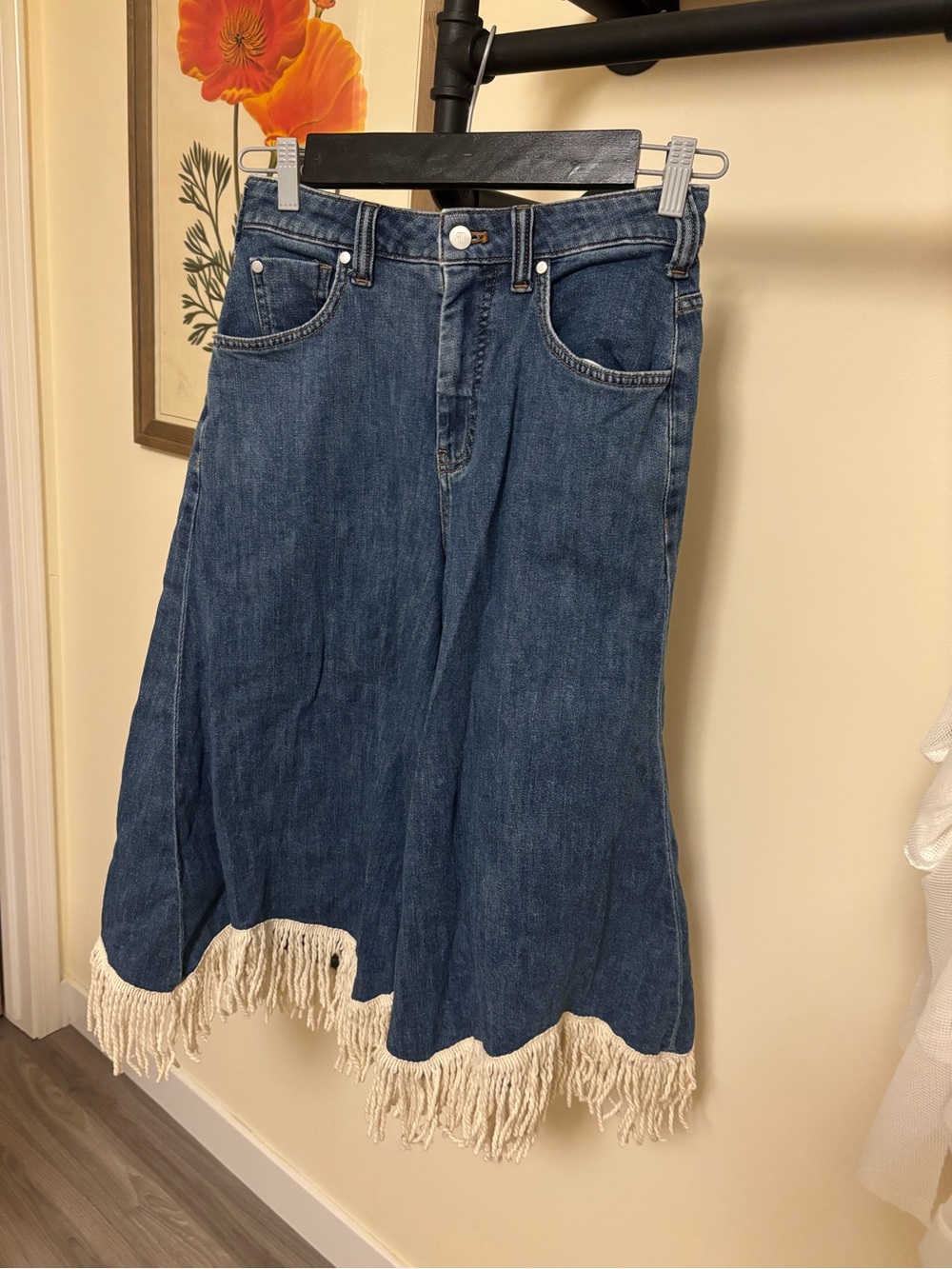 Anthropologie Blue Denim Flared Jeans with Cream Fringe Hem